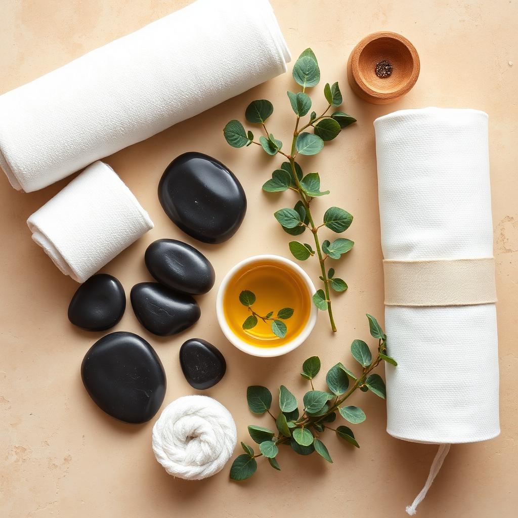 Spa essentials flat lay with hot stones and towels