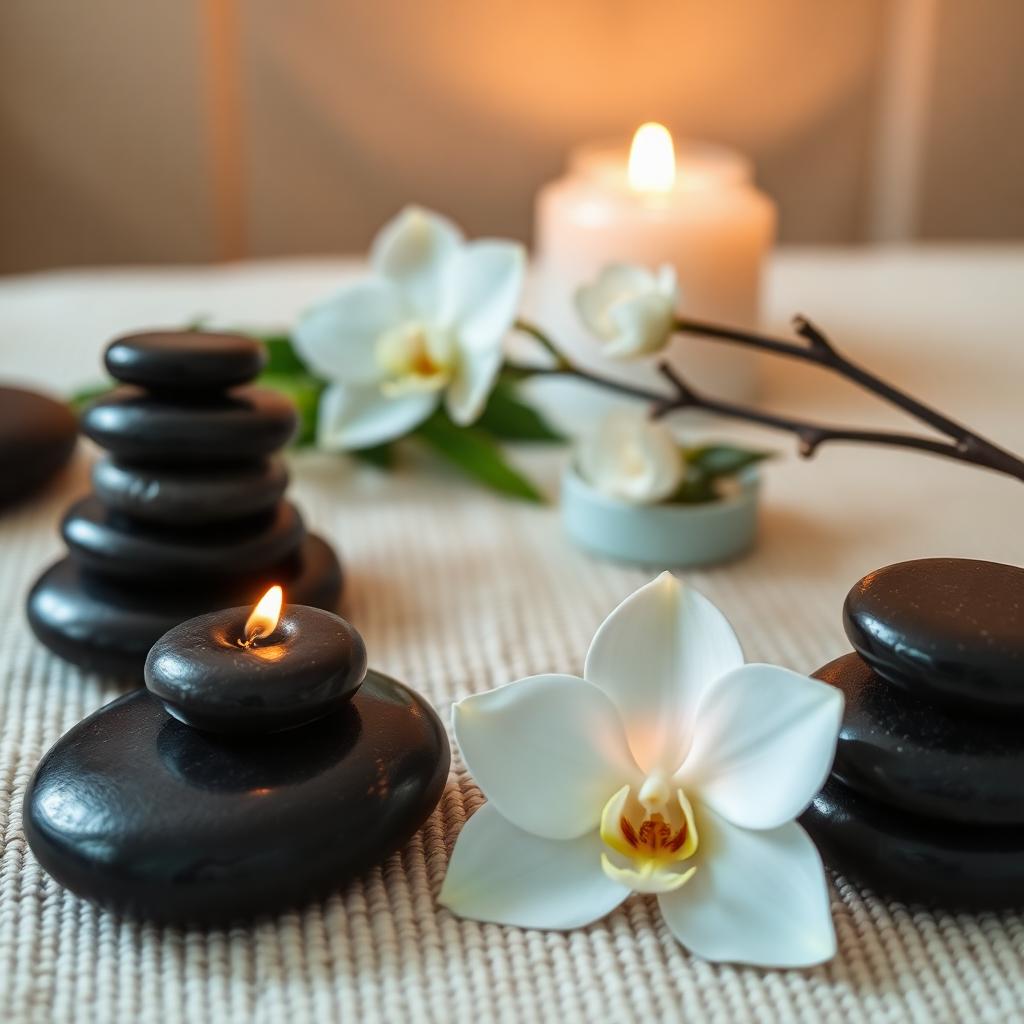 Hot stones and orchid on a calming spa table
