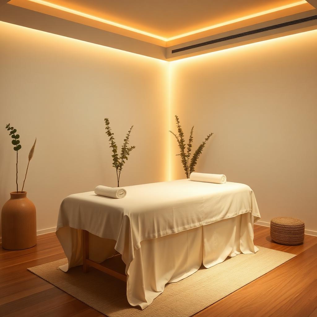 Serene treatment room with soft warm lighting